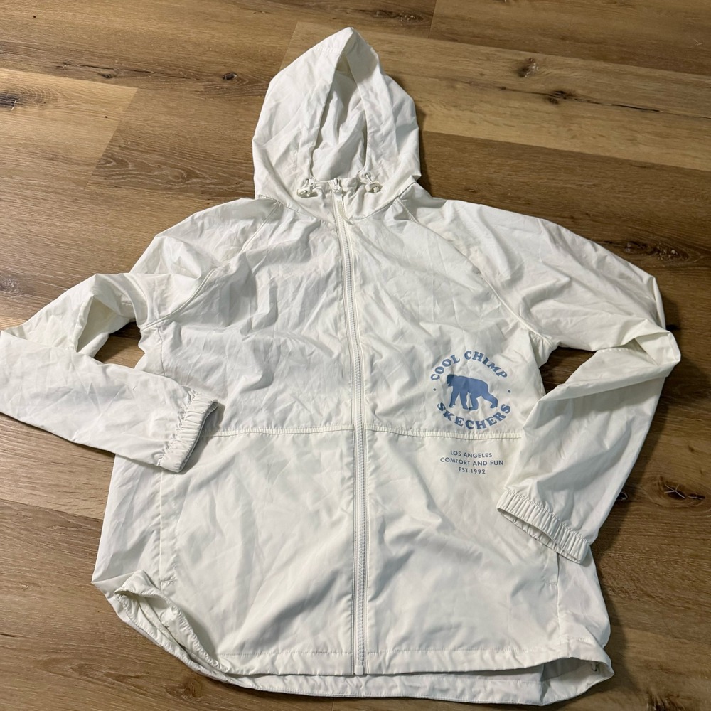 Skechers Cool Chimp White Hooded Windbreaker Jacket Womens Medium Full Zip Logo